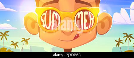 Monkey face in sunglasses with summer word reflection on glasses surface. Funny cartoon ape character licking lips on exotic beach background with pal Stock Vector