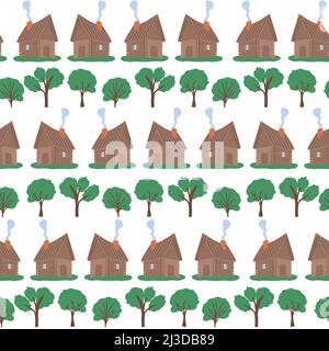 Wooden house in the forest seamless pattern. Scene with deciduous trees, fir trees and a Russian hut. Stock Vector