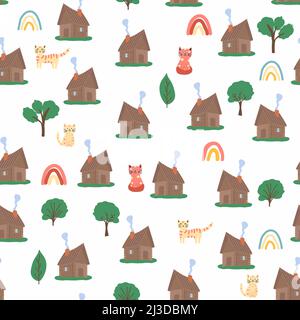Wooden house in the forest seamless pattern. Scene with deciduous trees, fir trees and a Russian hut. Stock Vector