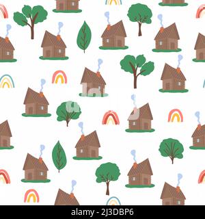 Wooden house in the forest seamless pattern. Scene with deciduous trees, fir trees and a Russian hut. Stock Vector