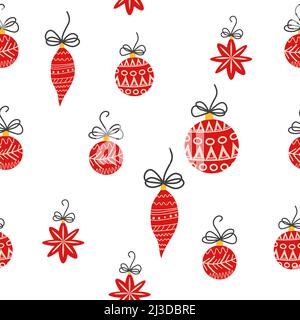 Hand drawn seamless pattern with cute hand drawn Christmas tree decorations, baubles. New Year baubles print. Stock Vector