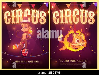 Circus show cartoon posters with animals artists on big top arena. Carnival entertainment with tiger jump through fire ring and juggling monkey riding Stock Vector
