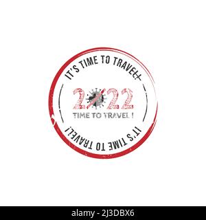 It's time to traveling grunge stamp 2022, No more covid!. Grunge rubber stamp about traveling after pandemi 2022 inside round or circle line shape Stock Vector