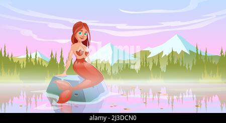 Mermaid girl sitting on stone in lake. Vector cartoon illustration of beautiful fairy tale woman with fish tail and landscape with river, forest on sh Stock Vector