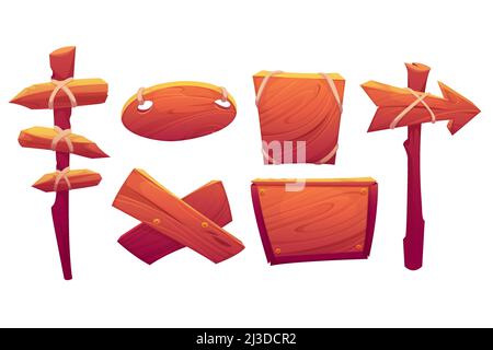 Wood banners, street signs, wooden boards with ropes and nails. Signboards for road direction arrows, labels for bar or saloon in rustic style. Blank Stock Vector
