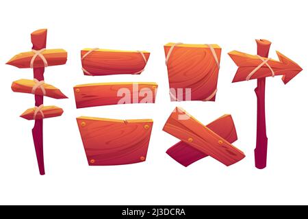 Wooden signboards, plank and pointers on post. Vector cartoon set of old wood panels, timber boards and direction signs with arrows, rivets and ropes Stock Vector