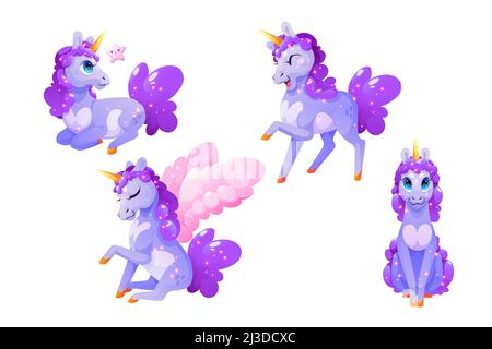 Funny unicorn character, Pegasus with pink wings and gold horn in different poses isolated on white background. Vector set of cartoon cute magic horse Stock Vector