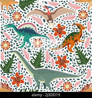 Hand drawn seamless pattern with dinosaurs and tropical leaves and flowers. Perfect for kids fabric, textile, nursery wallpaper. Cute dino design. Stock Vector