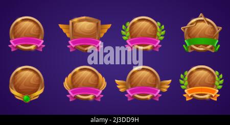 Set of game level ui icons, empty wooden shields with banners, wings or star shape and laurel wreaths, isolated award frames or bonus graphic elements Stock Vector