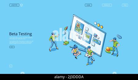 Beta testing isometric landing page. Functional software test, mobile application and website platform to search errors and bugs, dashboard usability Stock Vector