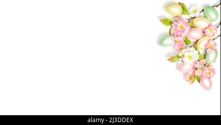 Easter eggs flowers decoration on white background. Easter banner Stock Photo