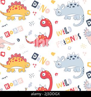 childish dinosaur seamless pattern for fashion clothes, fabric, t shirts. hand drawn vector with lettering. Stock Vector