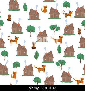 Wooden house in the forest seamless pattern. Scene with deciduous trees, fir trees and a Russian hut. Stock Vector