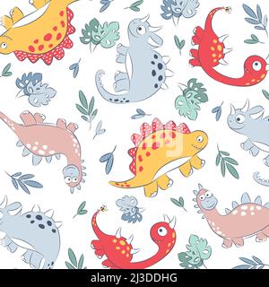 childish dinosaur seamless pattern for fashion clothes, fabric, t shirts. hand drawn vector with lettering. Stock Vector