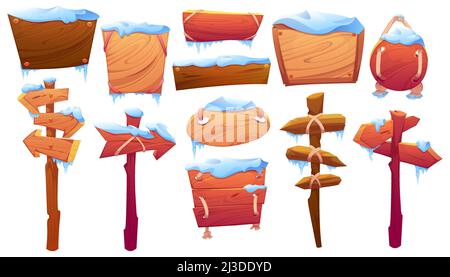 Wooden signboards covered by snow, planks and pointers on post at winter. Vector cartoon set of old wood panels, frozen timber boards and direction si Stock Vector