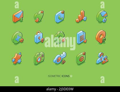 Set of social media isometric icons, smm and business 3d symbols map pin, envelope, chart and like heart, padlock and stars. Document, cogwheel, media Stock Vector