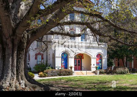 CONCORD, NC, USA-3 APRIL 2022: The Cabarrus Arts Council, theatre and galleries. Buidling entrance framed by ancient oak tree. Stock Photo