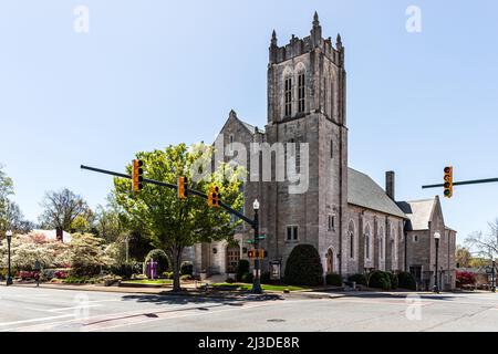 CONCORD, NC, USA-3 APRIL 2022: St. James Lutheran Church, with bell tower, on corner of Union and Corban. Stock Photo