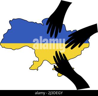 Stop War in Ukraine concept vector illustration. Russian hands on Ukrainian map. Ukrainian flag illustration. Save Ukraine from Russia. Stock Vector