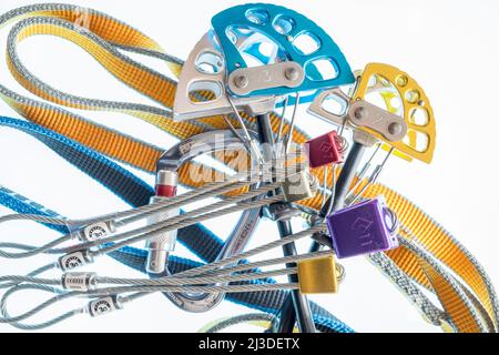 Rock climbing wire nut set, cams, carabiners and slings for traditional climbing Stock Photo