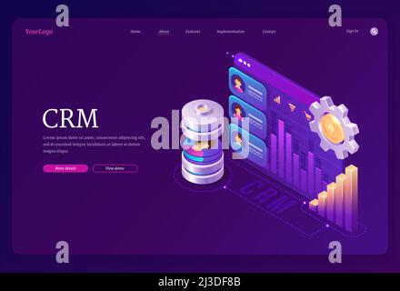 CRM, customer relationship management isometric landing page. Marketing strategies and technologies for manage and development client interactions, de Stock Vector