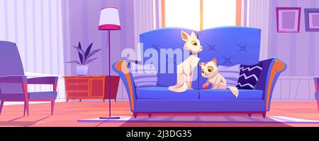 Home pets adult cat with cute white kitten playing ball on couch in living room cozy interior. feline cartoon characters lifestyle, petcare, adoption Stock Vector