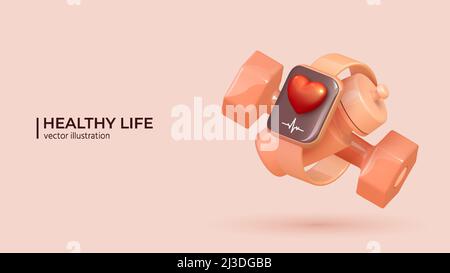 3d set of wireless smart watch with red heart and sport equipment. Realistic fitness inventory, gym accessories in trendy colors. Dumbbell, fitness tracker and water bottle. Healthy lifestyle concept Stock Vector