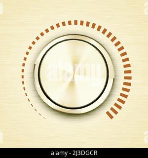 Round gold brushed metallic volume knob or button with a red scale showing increasing decibels and sound output on electronic music or broadcast equip Stock Vector