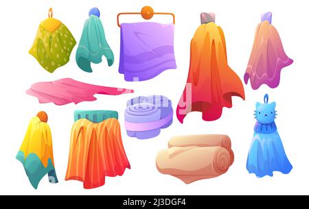 Set of towels hanging on hooks or holders, colorful stylish bath and kitchen fabric, folded and rolled cloth or fluffy textile for wiping. Clean home Stock Vector