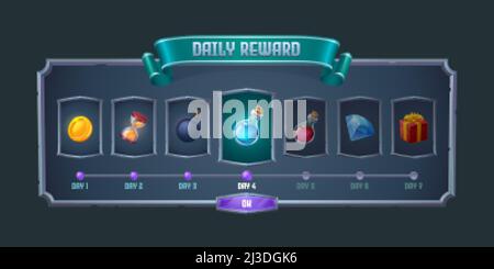 Daily reward frame with item icons for game gui design. Vector cartoon ...