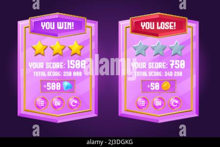Game ui interface boards with level score, win and lose banners from purple crystal with golden frame. Vector cartoon set of gui elements, complete an Stock Vector