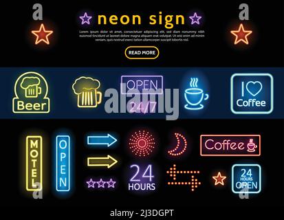 Bright colorful advertising neon signs set with beer glass coffee cup sun moon stars arrows Open Motel inscriptions isolated vector illustration Stock Vector