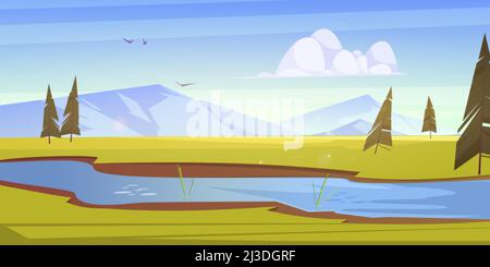 Cartoon scenery landscape with lush green fields of meadows and river flowing across the vast lands, mountains, fir trees under blue cloudy sky with b Stock Vector