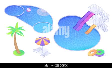 Isometric swimming pool, slides, palm tree and umbrella with chaise lounges, inflatable rings and ball. Summer beach or hotel items for waterpark fun Stock Vector