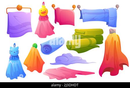 Collection of fabric towels hanging on dryer, lying, in stack and roll. Vector cartoon set of soft cloth towels and textile napkin for bathroom, kitch Stock Vector