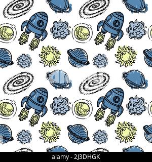 Seamless pattern of rockets, planets, comets, asteroids and stars. Vector in cartoon style. Sun. Stars. Solar system on white background. Can be used Stock Vector