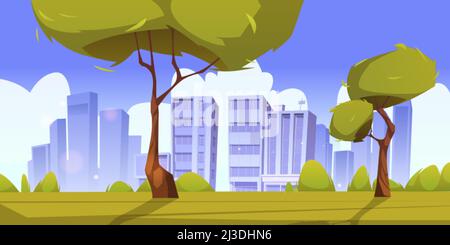 City park, summer or spring time scenery landscape, cityscape background, empty public place for walking and recreation with green trees and lawn. Urb Stock Vector