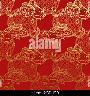 Vector gold pattern with japanese carps koi on red - NON seamless pattern washi paper for scrapbooking or cards desing backdrop Stock Vector