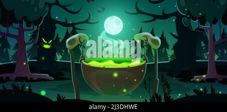 Witch cauldron in night forest Halloween spooky scene. Wizard pot with magic potion boiling under full moon in dark wood with creepy trees. magician b Stock Vector