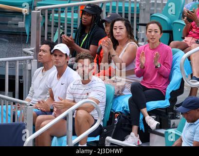 MIAMI GARDENS, FLORIDA - MARCH 31: Naomi Osaka of Japan defeats Belinda Bencic of Switzerland during the women's semifinals of the Miami Open at Hard Rock Stadium March 31, 2022 in Miami Gardens, Florida.    People:  Naomi Osaka Stock Photo