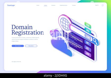 Domain registration banner. Concept of website name, url address. Vector landing page of hosting service for web sites with isometric illustration of Stock Vector