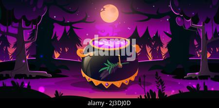 Dark forest with witch cauldron, trees silhouettes, purple light and moon at night. Halloween background with gold cooking boiler with magic potion. V Stock Vector