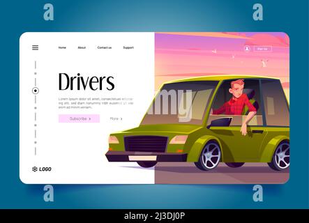 Drivers banner with man sitting in green car on background of sunset pink sky. Vector landing page of professional driving and chauffeur job with cart Stock Vector