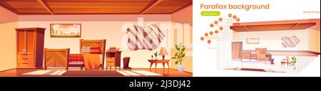 Cowboy bedroom with bed, wardrobe, hat on nightstand and boots. Vector parallax background for 2d animation with cartoon interior of empty room in rur Stock Vector