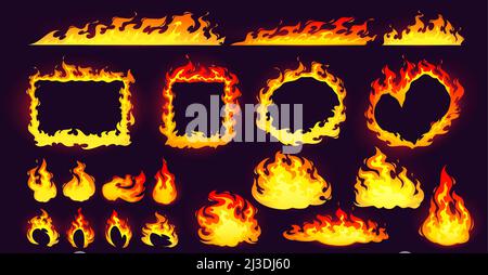 Cartoon fire frames and bonfire, rectangular, square, round and heart shaped burning borders with long red and yellow flame tongues on edges isolated Stock Vector