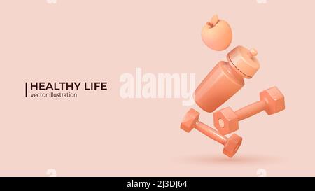 Healthy lifestyle concept. 3d set of sport equipment. Realistic fitness inventory, gym accessories in trendy colors. Dumbbells, water bottle and an apple. Vector illustration in cartoon minimal style. Stock Vector