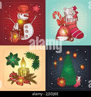 Christmas hand drawn glowing compositions with festive decorations rays and frame on snow background isolated vector illustration Stock Vector