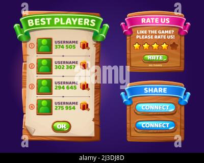 Game menu, wooden gamer ui panel with buttons, cartoon interface with gui elements. Best players, rate us, share and connect wood boards with user pro Stock Vector
