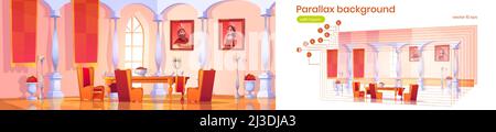 Parallax background dining room interior in royal castle with feast table, candles and king or queen portraits separated layers. Banquet hall in medie Stock Vector