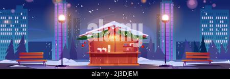 Street cafe with christmas decor at winter night cityscape background with skyscrapers. Outdoor cafeteria stall on sidewalk with lamps and benches. Co Stock Vector